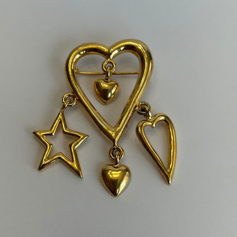 Vintage Gold Tone Heart and Star Dangle Charm Brooch Pin Whimsical Celestial